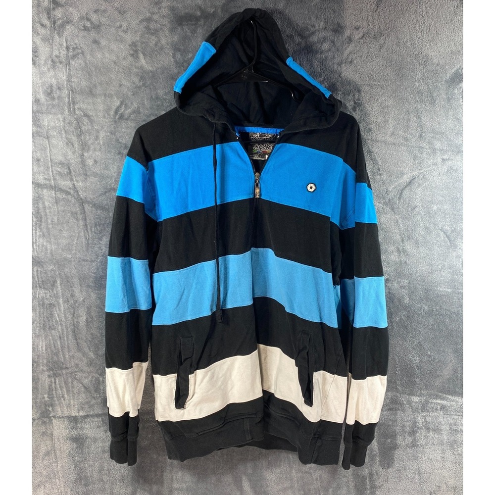 Southpole Zip Hoodie Men Medium Blue Black Stripe Colorblock Sweatshirt Y2K VTG